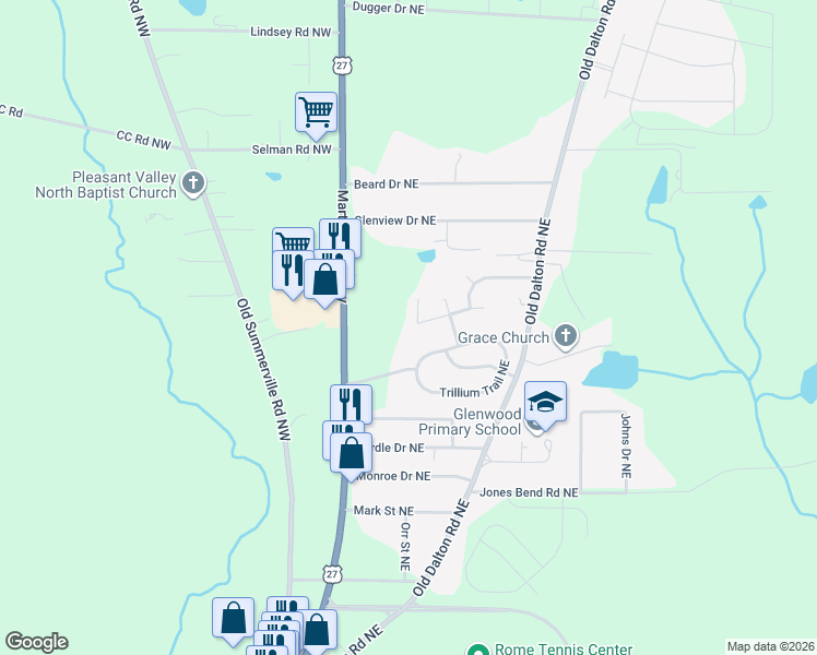 map of restaurants, bars, coffee shops, grocery stores, and more near 27 Treehouse Trail Northeast in Rome