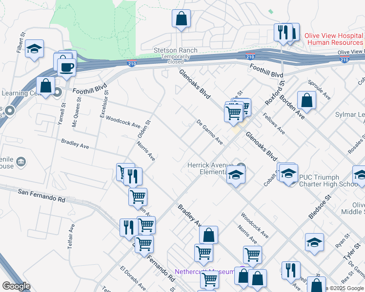 map of restaurants, bars, coffee shops, grocery stores, and more near 13460 Old Grove Road in Los Angeles