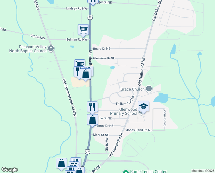 map of restaurants, bars, coffee shops, grocery stores, and more near 27 Treehouse Trail Northeast in Rome