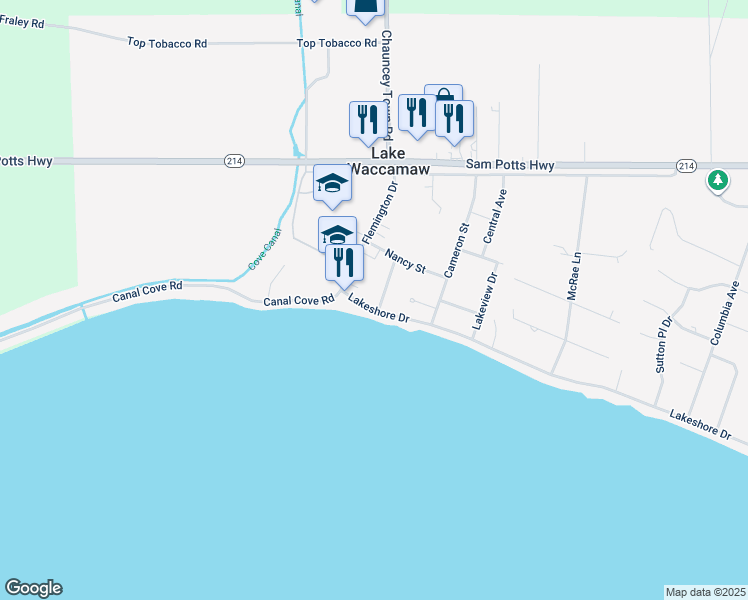 map of restaurants, bars, coffee shops, grocery stores, and more near 110 Lakeshore Drive in Lake Waccamaw