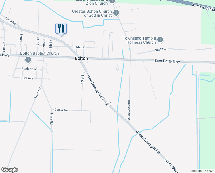 map of restaurants, bars, coffee shops, grocery stores, and more near 15838 Sam Potts Highway in Bolton