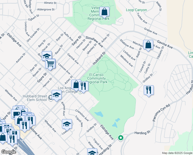 map of restaurants, bars, coffee shops, grocery stores, and more near 13100 Hubbard Street in Los Angeles