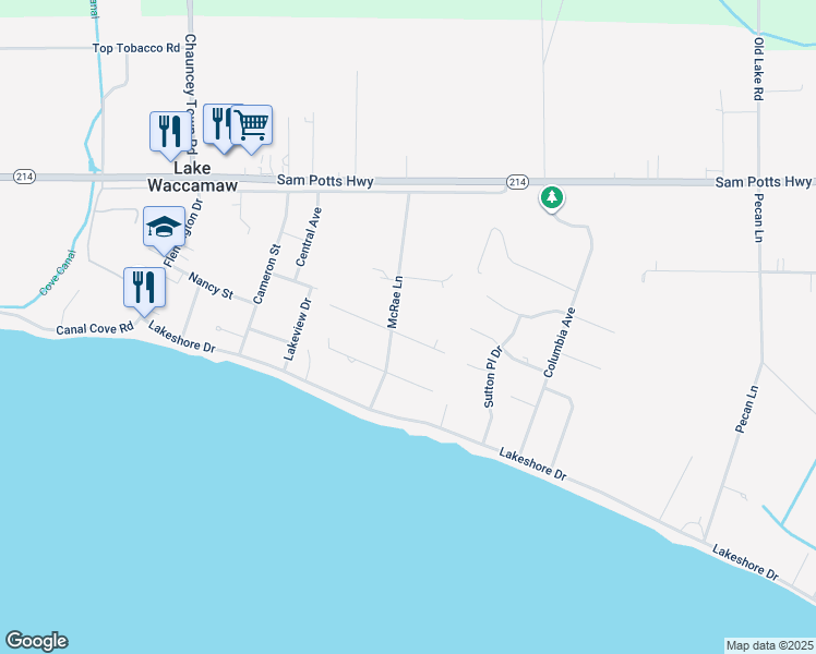 map of restaurants, bars, coffee shops, grocery stores, and more near 102 East White Oak Street in Lake Waccamaw
