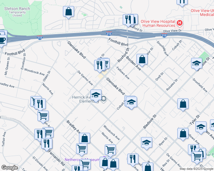 map of restaurants, bars, coffee shops, grocery stores, and more near 15230 Roxford Street in Los Angeles