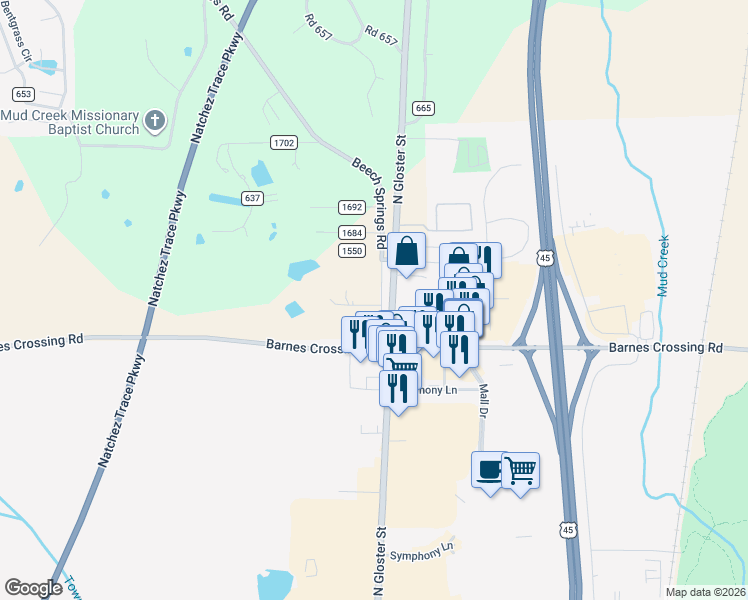map of restaurants, bars, coffee shops, grocery stores, and more near 1461 Beech Springs Road in Tupelo