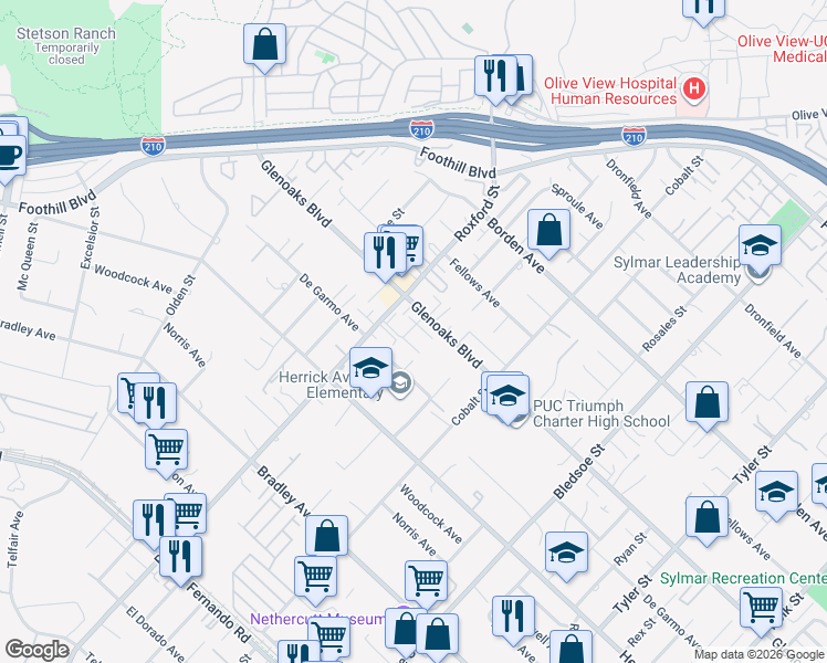map of restaurants, bars, coffee shops, grocery stores, and more near 15230 Roxford Street in Los Angeles