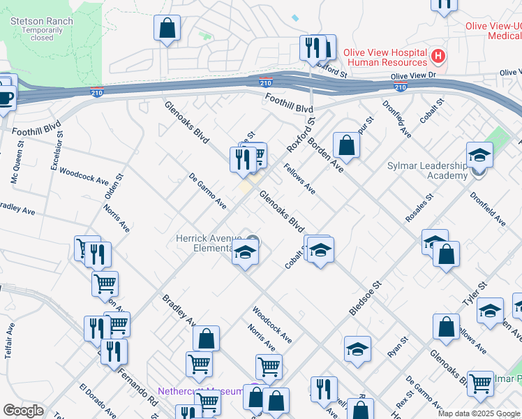 map of restaurants, bars, coffee shops, grocery stores, and more near 15230 Roxford Street in Los Angeles
