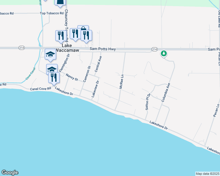 map of restaurants, bars, coffee shops, grocery stores, and more near 119 East White Oak Street in Lake Waccamaw