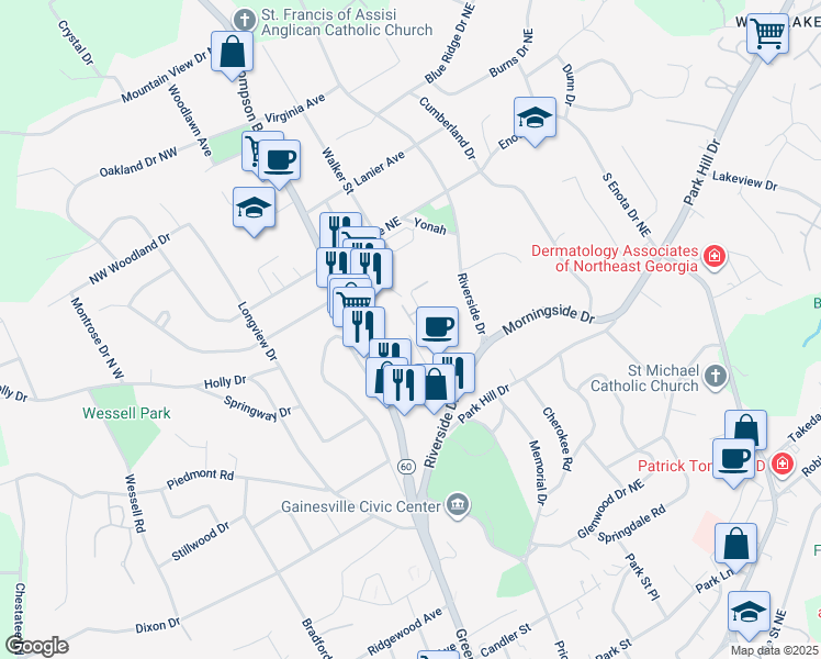 map of restaurants, bars, coffee shops, grocery stores, and more near 1151 Riverside Terrace in Gainesville