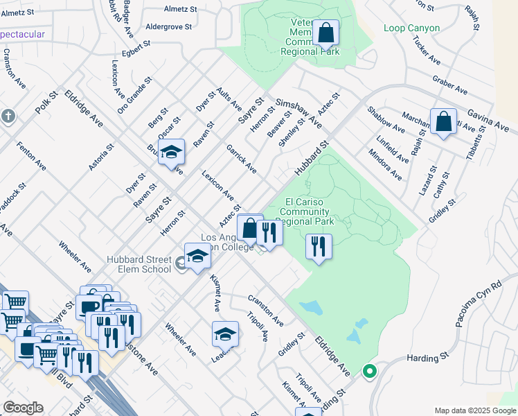 map of restaurants, bars, coffee shops, grocery stores, and more near 13139 Hubbard Street in Los Angeles