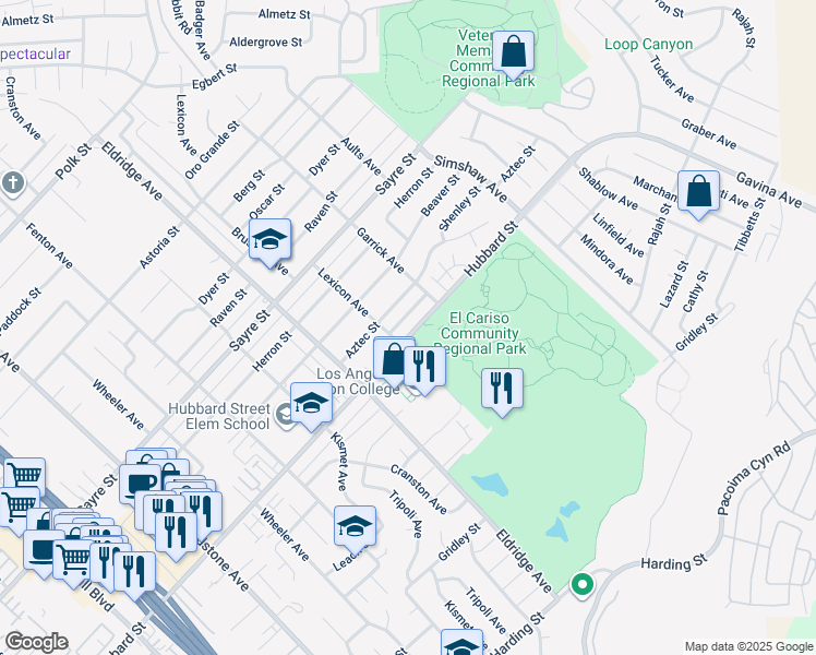 map of restaurants, bars, coffee shops, grocery stores, and more near 13139 Hubbard Street in Los Angeles