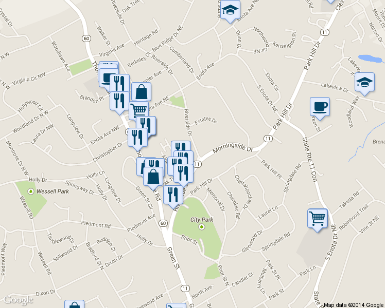 map of restaurants, bars, coffee shops, grocery stores, and more near 1075 Riverside Drive in Gainesville
