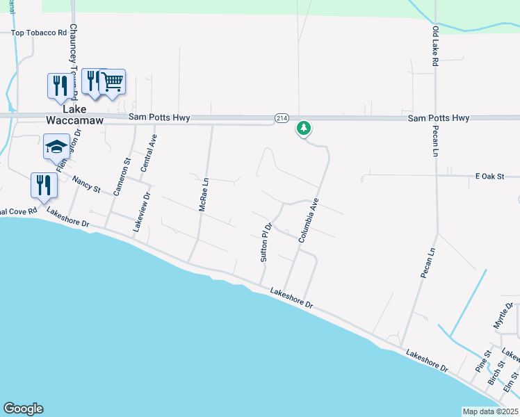 map of restaurants, bars, coffee shops, grocery stores, and more near 182 Stuart Avenue in Lake Waccamaw