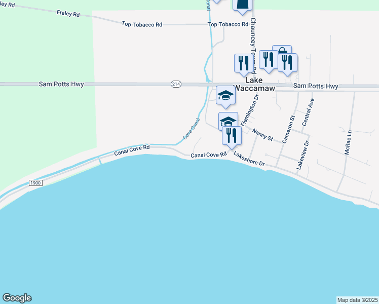 map of restaurants, bars, coffee shops, grocery stores, and more near 207 Canal Cove Road in Lake Waccamaw