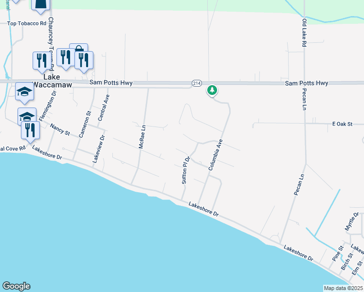 map of restaurants, bars, coffee shops, grocery stores, and more near 182 Stuart Avenue in Lake Waccamaw