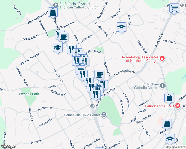 map of restaurants, bars, coffee shops, grocery stores, and more near 1155 Riverside Terrace in Gainesville