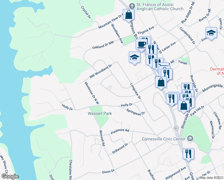 map of restaurants, bars, coffee shops, grocery stores, and more near 410 Christopher Drive in Gainesville