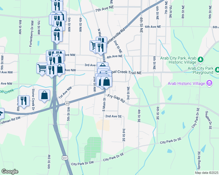 map of restaurants, bars, coffee shops, grocery stores, and more near 104 1st Avenue Northeast in Arab