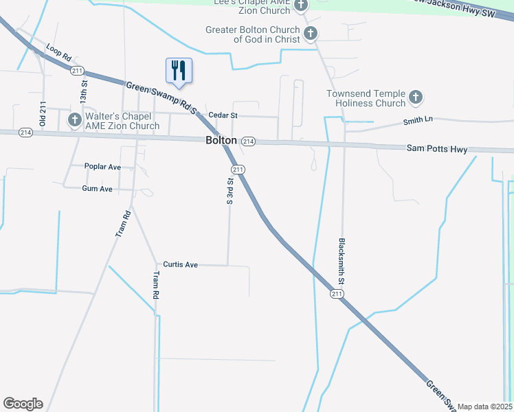 map of restaurants, bars, coffee shops, grocery stores, and more near North Carolina 211 in Bolton