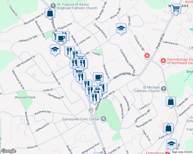 map of restaurants, bars, coffee shops, grocery stores, and more near 1096 Riverside Terrace in Gainesville