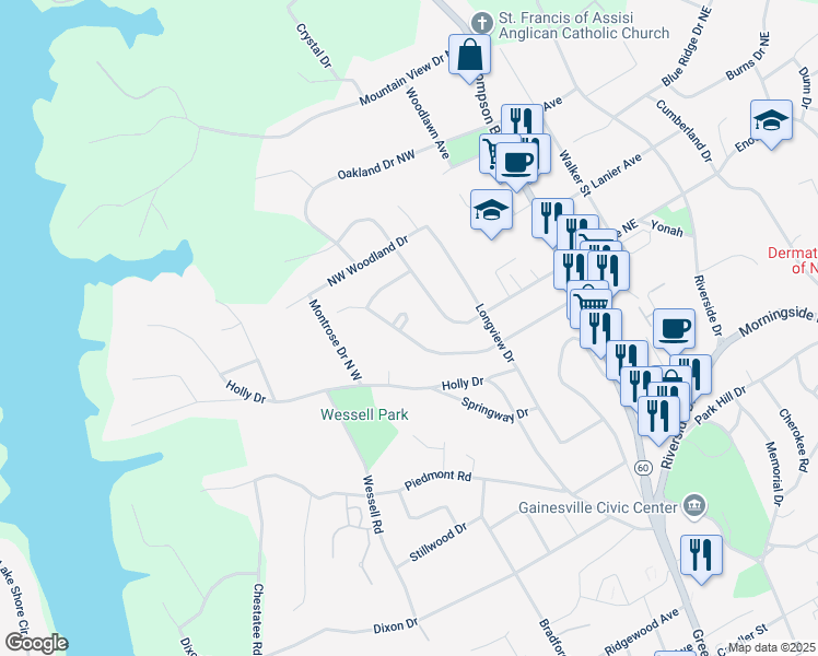 map of restaurants, bars, coffee shops, grocery stores, and more near 410 Christopher Drive in Gainesville