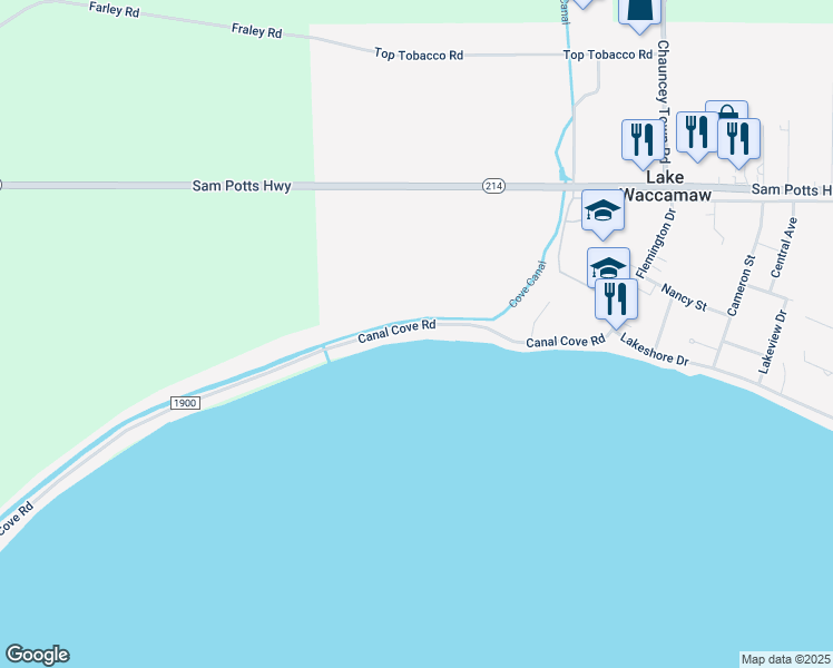 map of restaurants, bars, coffee shops, grocery stores, and more near 410 Canal Cove Road in Lake Waccamaw