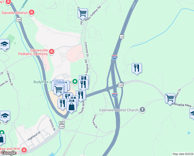 map of restaurants, bars, coffee shops, grocery stores, and more near Crescent Drive in Gainesville