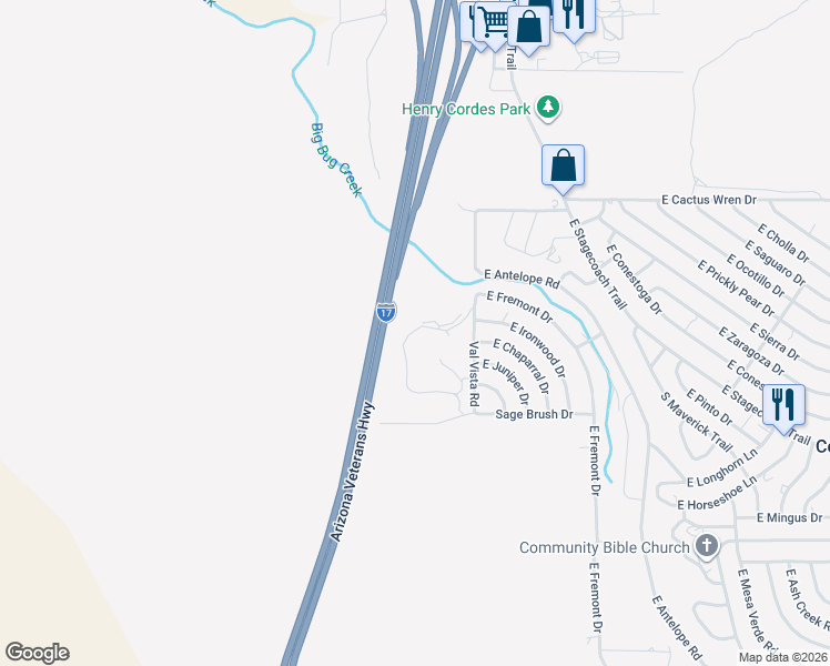 map of restaurants, bars, coffee shops, grocery stores, and more near 15632 Val Vista Road in Mayer