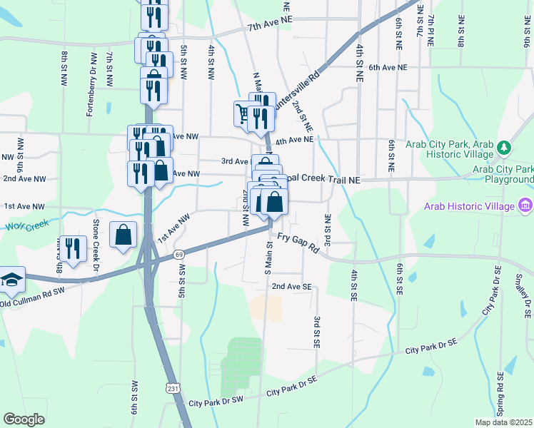 map of restaurants, bars, coffee shops, grocery stores, and more near 51 North Main Street in Arab