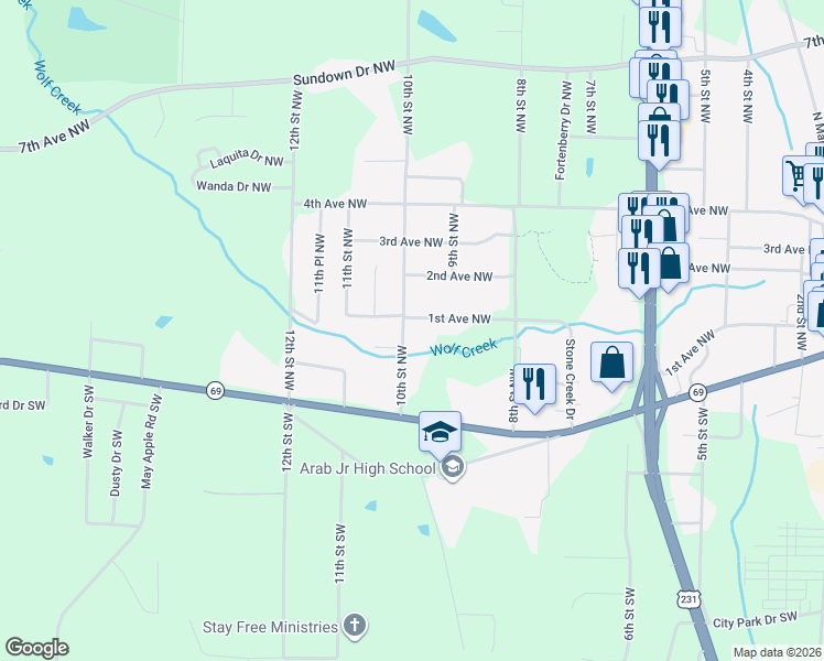 map of restaurants, bars, coffee shops, grocery stores, and more near 82 10th Street Northwest in Arab