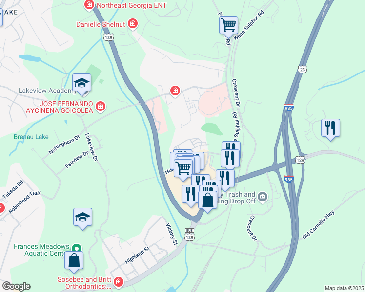 map of restaurants, bars, coffee shops, grocery stores, and more near 1943 Browns Bridge Road in Gainesville
