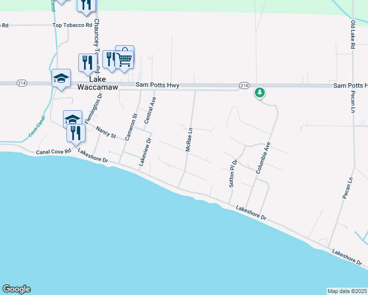 map of restaurants, bars, coffee shops, grocery stores, and more near 100 East White Oak Street in Lake Waccamaw