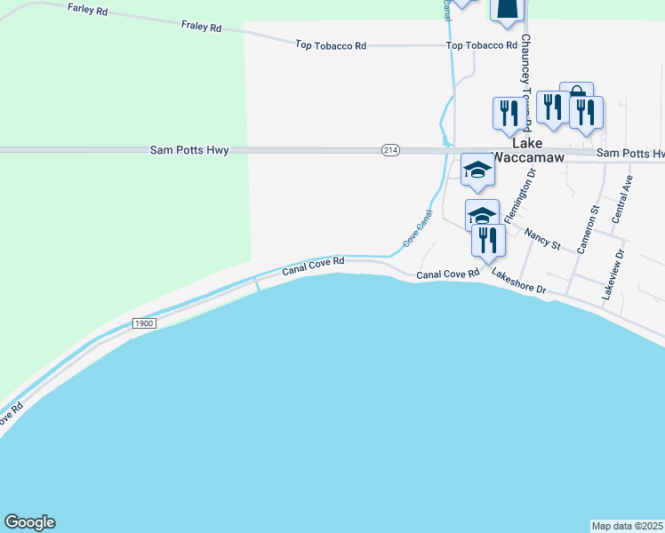 map of restaurants, bars, coffee shops, grocery stores, and more near 408 Canal Cove Road in Lake Waccamaw