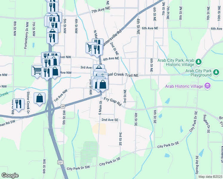 map of restaurants, bars, coffee shops, grocery stores, and more near 104 1st Avenue Northeast in Arab
