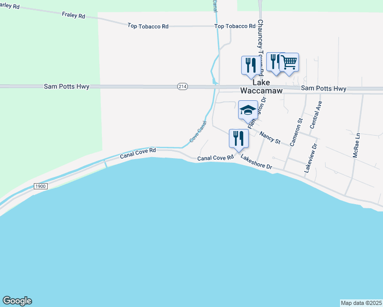 map of restaurants, bars, coffee shops, grocery stores, and more near 209 Canal Cove Road in Lake Waccamaw