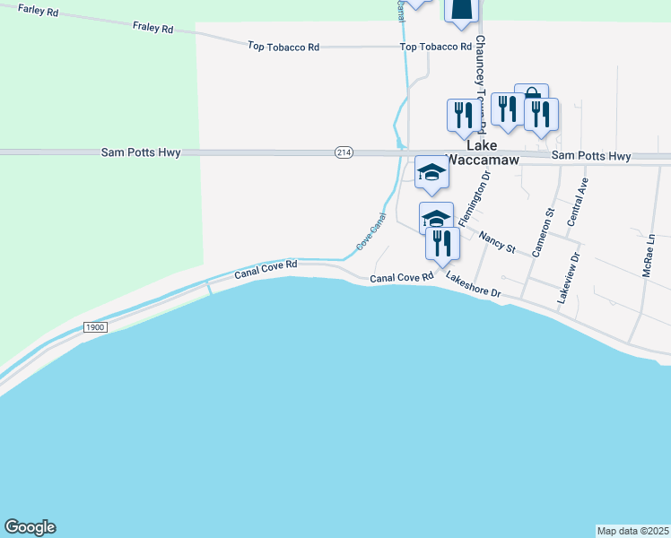 map of restaurants, bars, coffee shops, grocery stores, and more near 304 Canal Cove Road in Lake Waccamaw