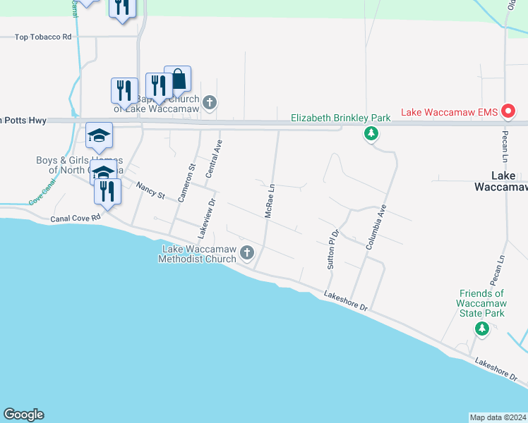map of restaurants, bars, coffee shops, grocery stores, and more near 100 East White Oak Street in Lake Waccamaw