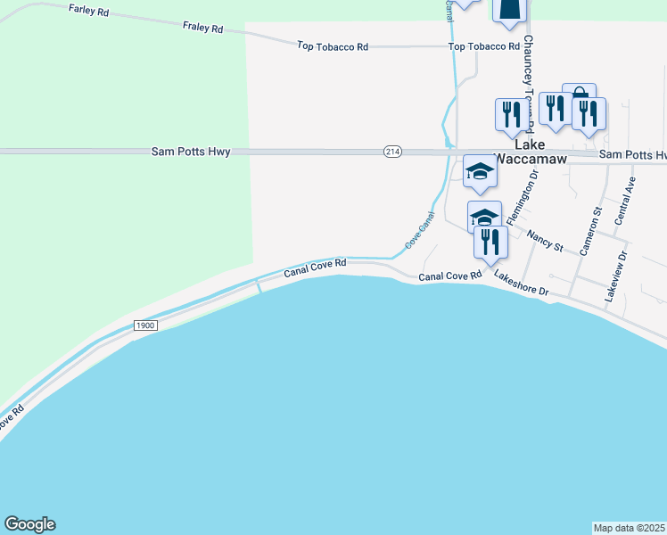 map of restaurants, bars, coffee shops, grocery stores, and more near 408 Canal Cove Road in Lake Waccamaw