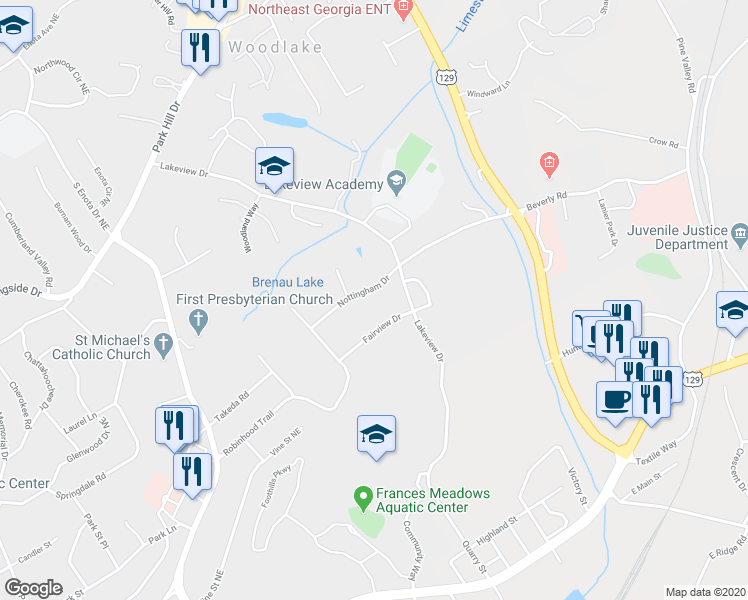 map of restaurants, bars, coffee shops, grocery stores, and more near 1776 Nottingham Drive in Gainesville