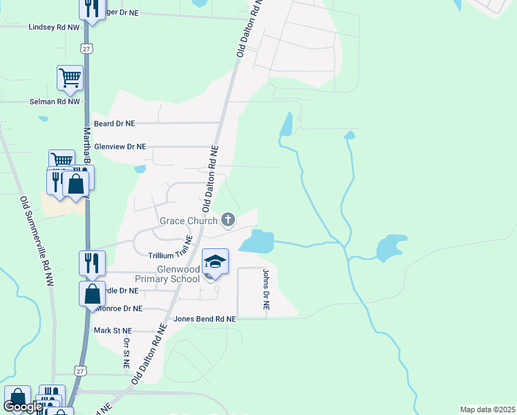 map of restaurants, bars, coffee shops, grocery stores, and more near 89 Glen Lake Road Northeast in Rome