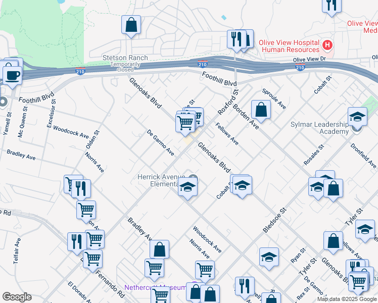 map of restaurants, bars, coffee shops, grocery stores, and more near 15230 Roxford Street in Los Angeles
