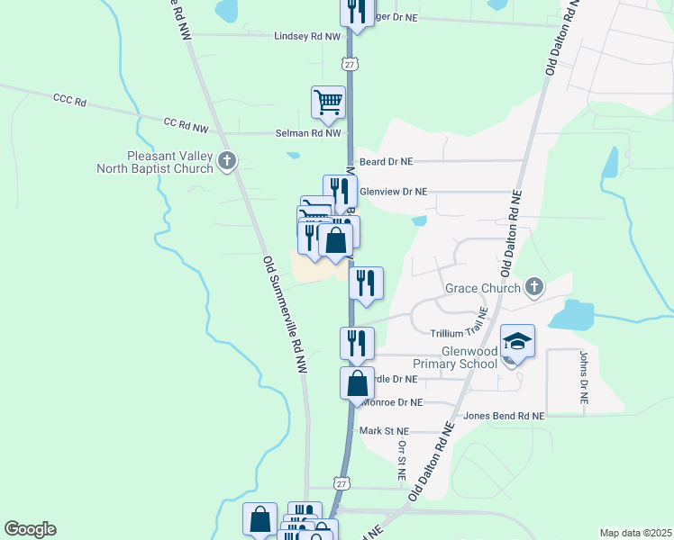 map of restaurants, bars, coffee shops, grocery stores, and more near 3355 Martha Berry Highway in Rome