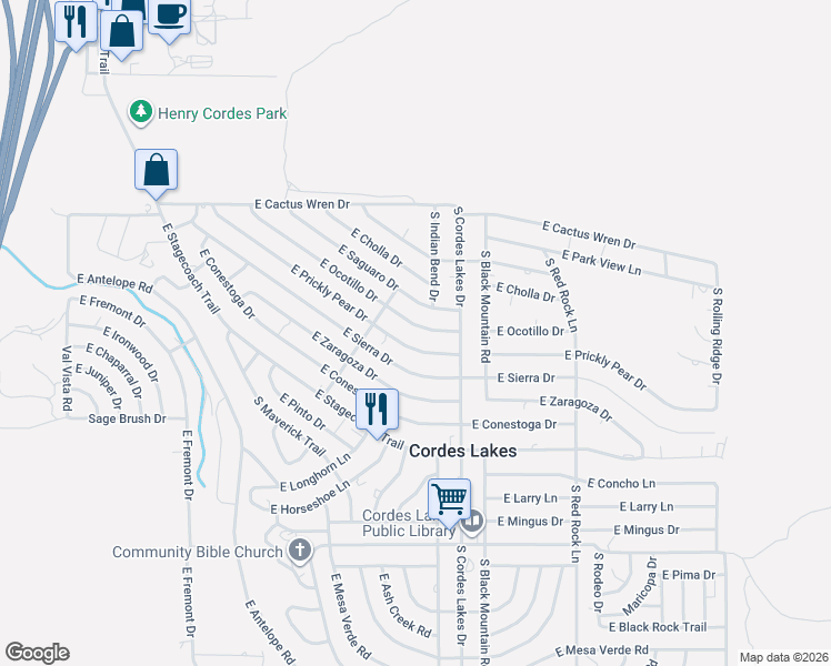 map of restaurants, bars, coffee shops, grocery stores, and more near 20249 East Prickly Pear Drive in Mayer