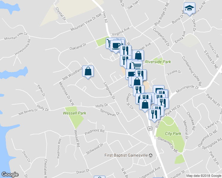 map of restaurants, bars, coffee shops, grocery stores, and more near 1282 Longview Drive in Gainesville