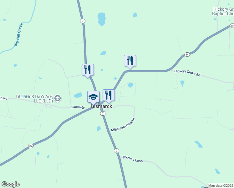 map of restaurants, bars, coffee shops, grocery stores, and more near 157 Millwood Lane in Bismarck