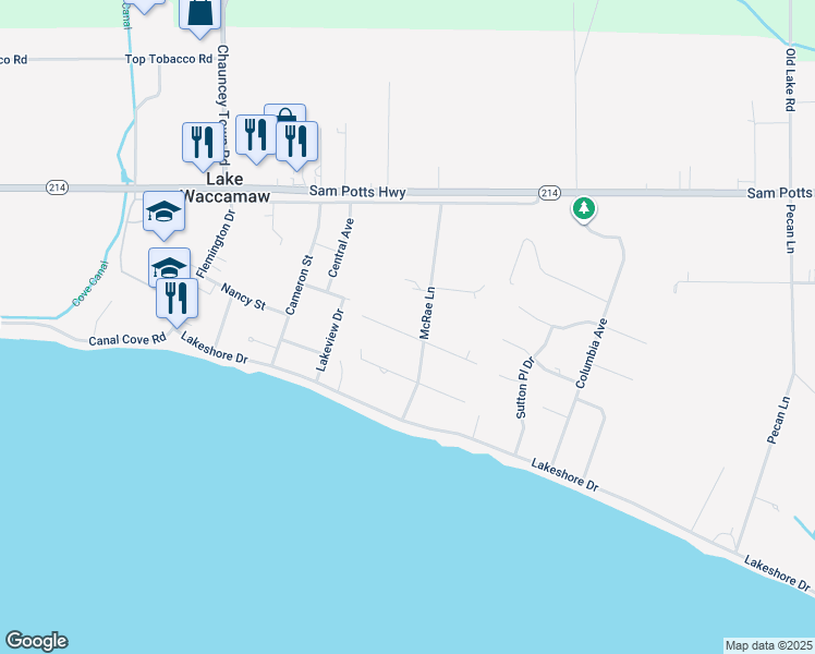 map of restaurants, bars, coffee shops, grocery stores, and more near 102 East White Oak Street in Lake Waccamaw