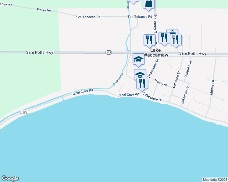 map of restaurants, bars, coffee shops, grocery stores, and more near 209 Canal Cove Road in Lake Waccamaw