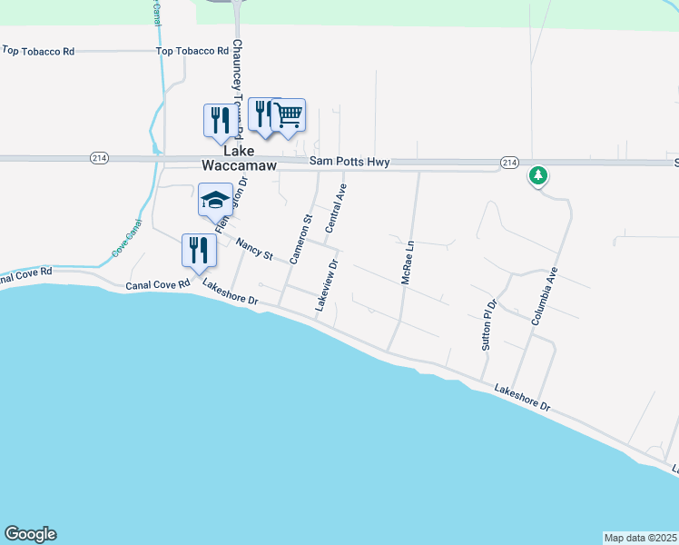 map of restaurants, bars, coffee shops, grocery stores, and more near 305 Lakeview Drive in Lake Waccamaw