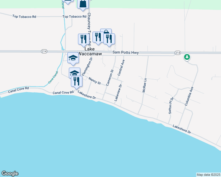 map of restaurants, bars, coffee shops, grocery stores, and more near 401 Cameron Street in Lake Waccamaw