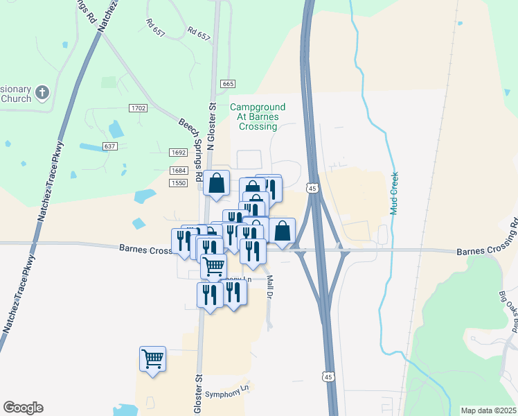 map of restaurants, bars, coffee shops, grocery stores, and more near 930 East Barnes Crossing Road in Tupelo